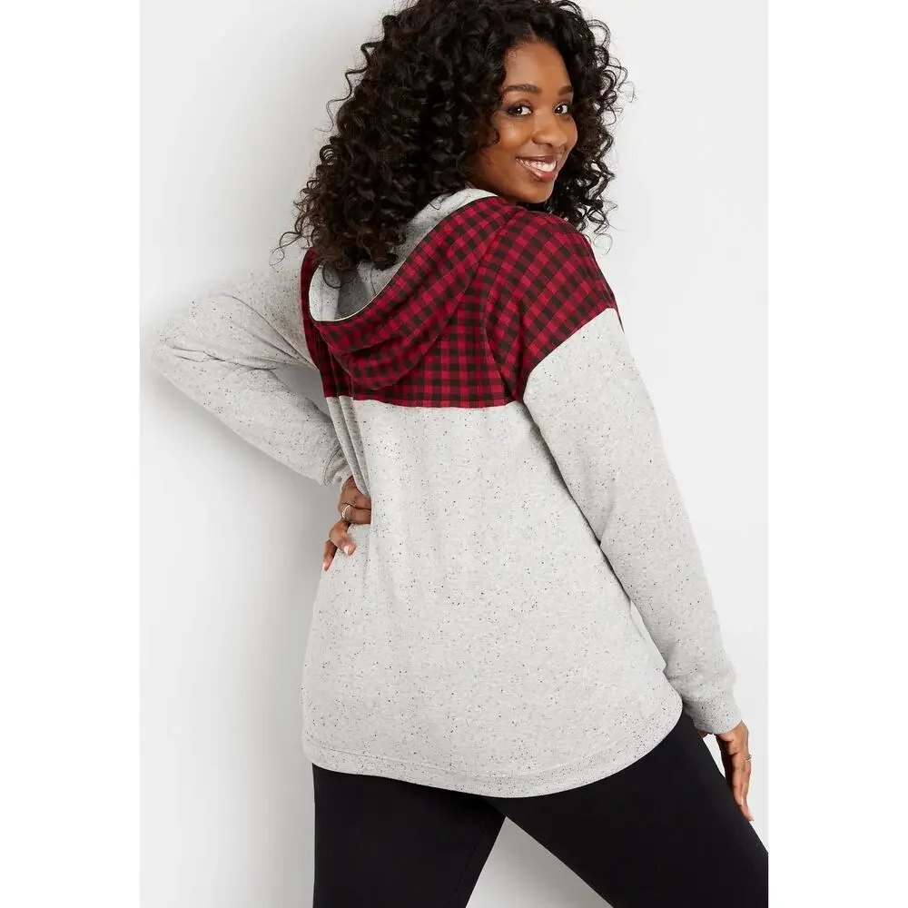 Maurices Gray Red & Black Plaid Soft Cozy Pullover Hoodie Size Plus 14W 0 New - Picture 2 of 13